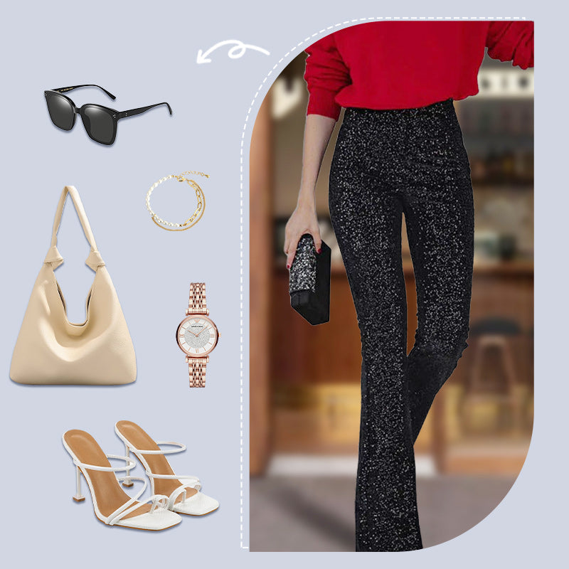 Diva Sequin High Rise Elastic Waist Flare Pants